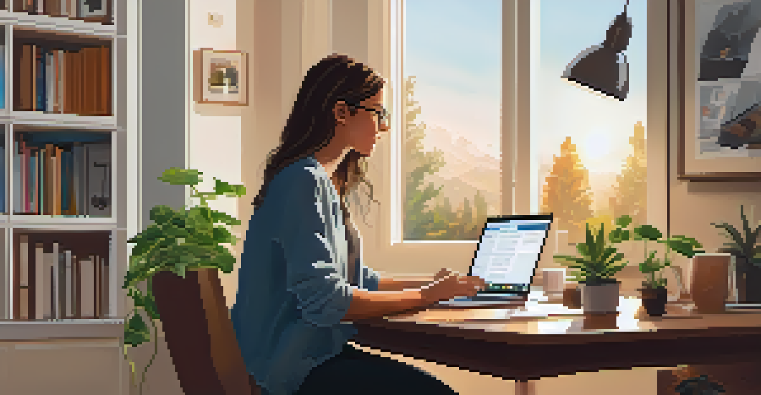 Individual in a cozy home workspace participating in an online meeting, emphasizing remote communication.