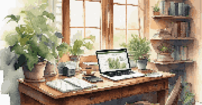 A warm and inviting home office scene featuring a wooden desk with a laptop, coffee cup, and plants, illuminated by sunlight.