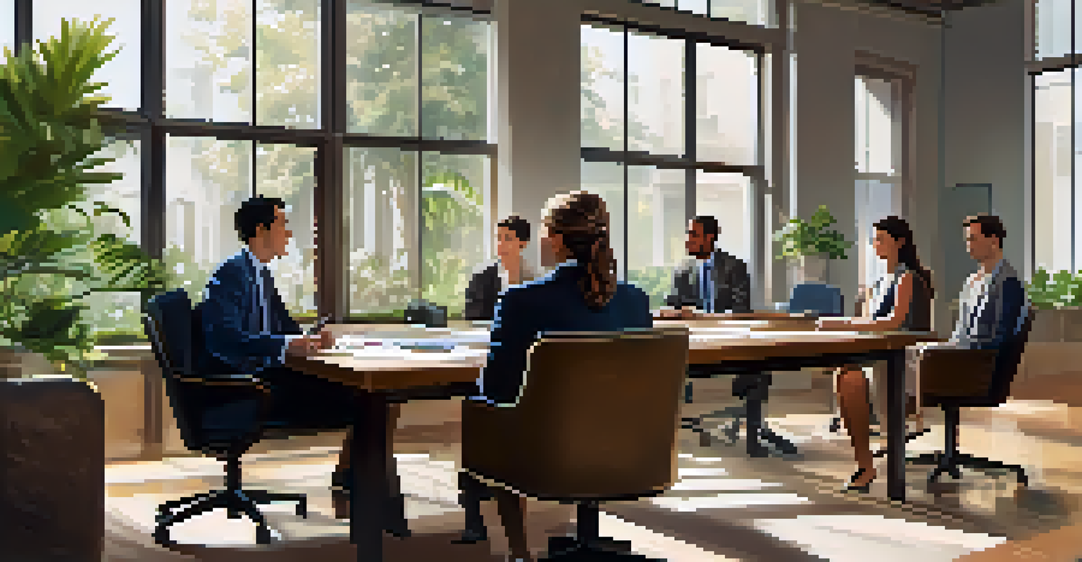 A serene office environment showing two professionals, one actively listening while the other speaks, with modern decor and natural light.
