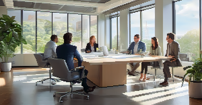A diverse group of professionals in a bright office discussing around a large table with greenery in the background.