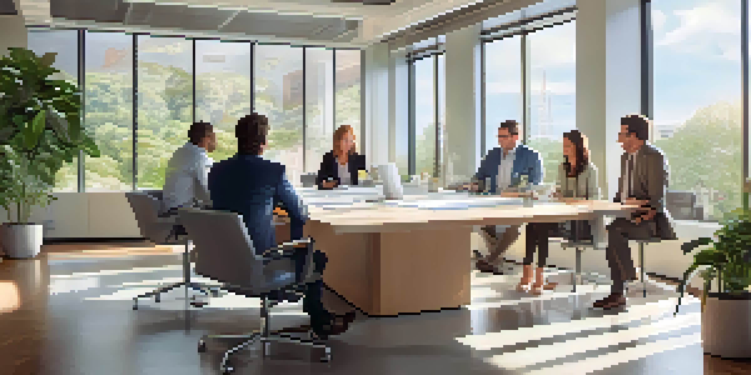 A diverse group of professionals in a bright office discussing around a large table with greenery in the background.