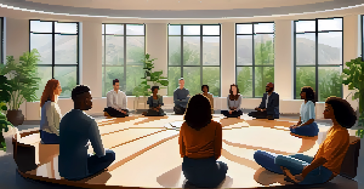 A group of diverse employees practicing mindfulness in a bright conference room, surrounded by plants and natural light.