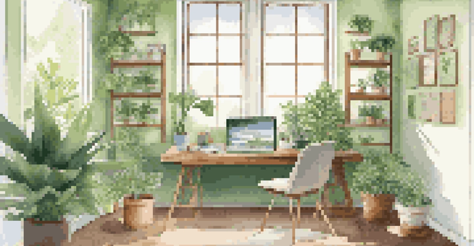 A modern office space with a laptop, plants, and motivational quotes, illuminated by natural light.