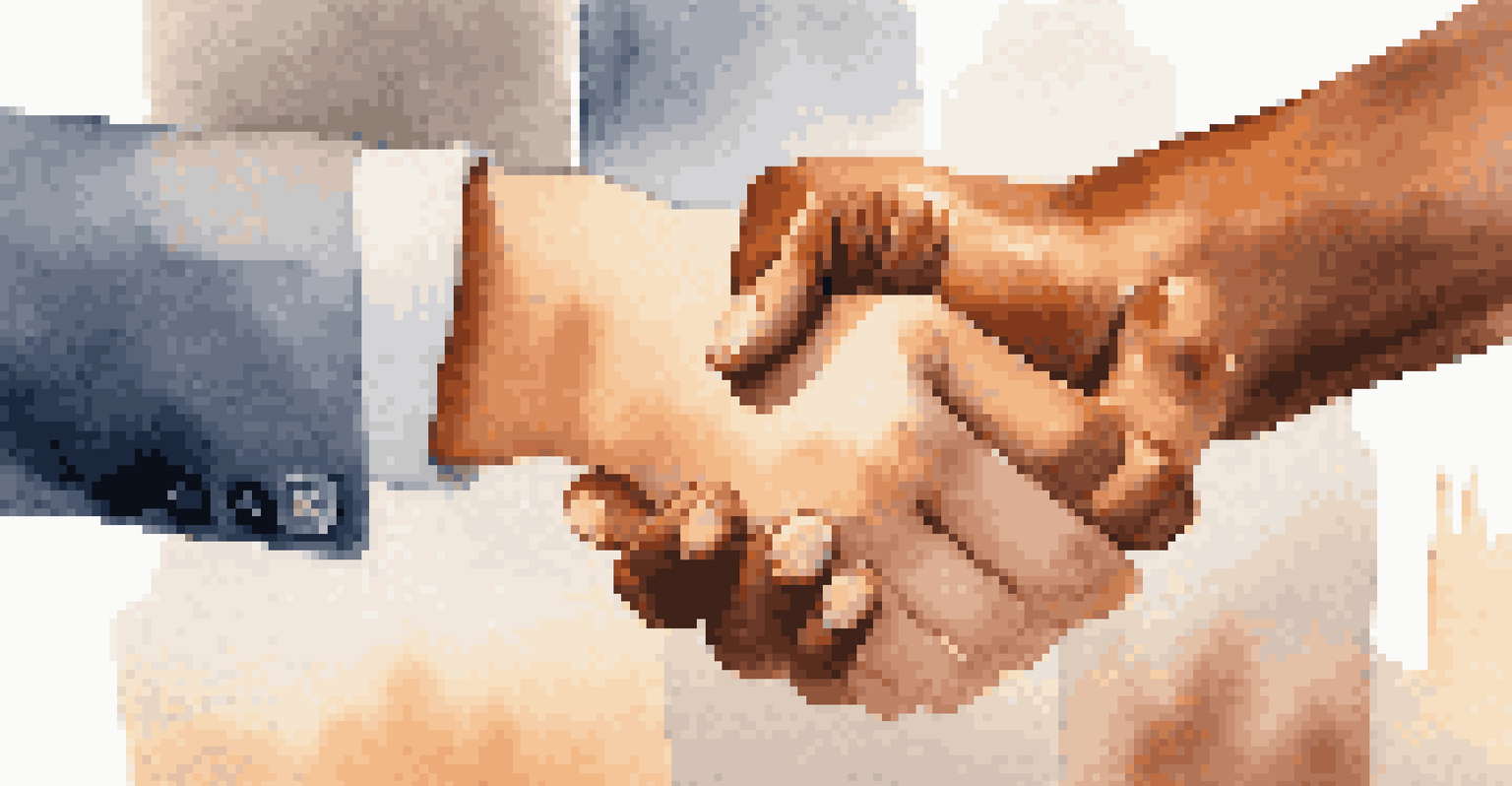 Close-up of a handshake between two diverse individuals in a modern office, representing trust in negotiations.