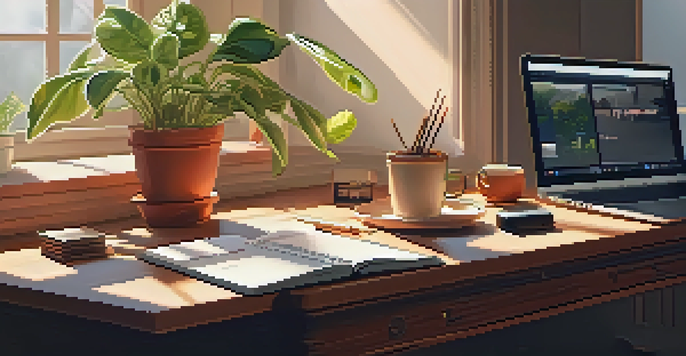 A cozy freelance workspace with a desk, laptop, coffee cup, and potted plant, illuminated by sunlight.