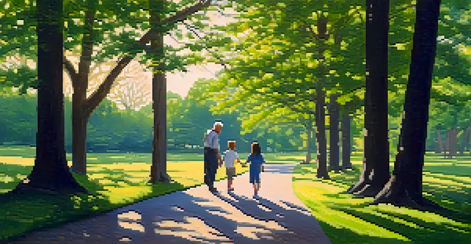 A mentor and mentee walking on a sunny path in a green park, sharing a moment of learning.