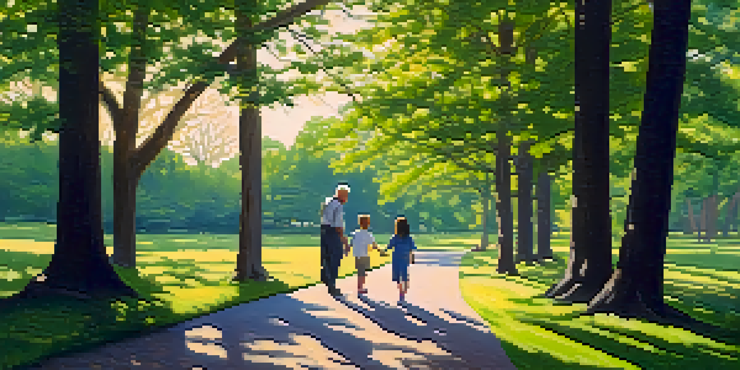 A mentor and mentee walking on a sunny path in a green park, sharing a moment of learning.