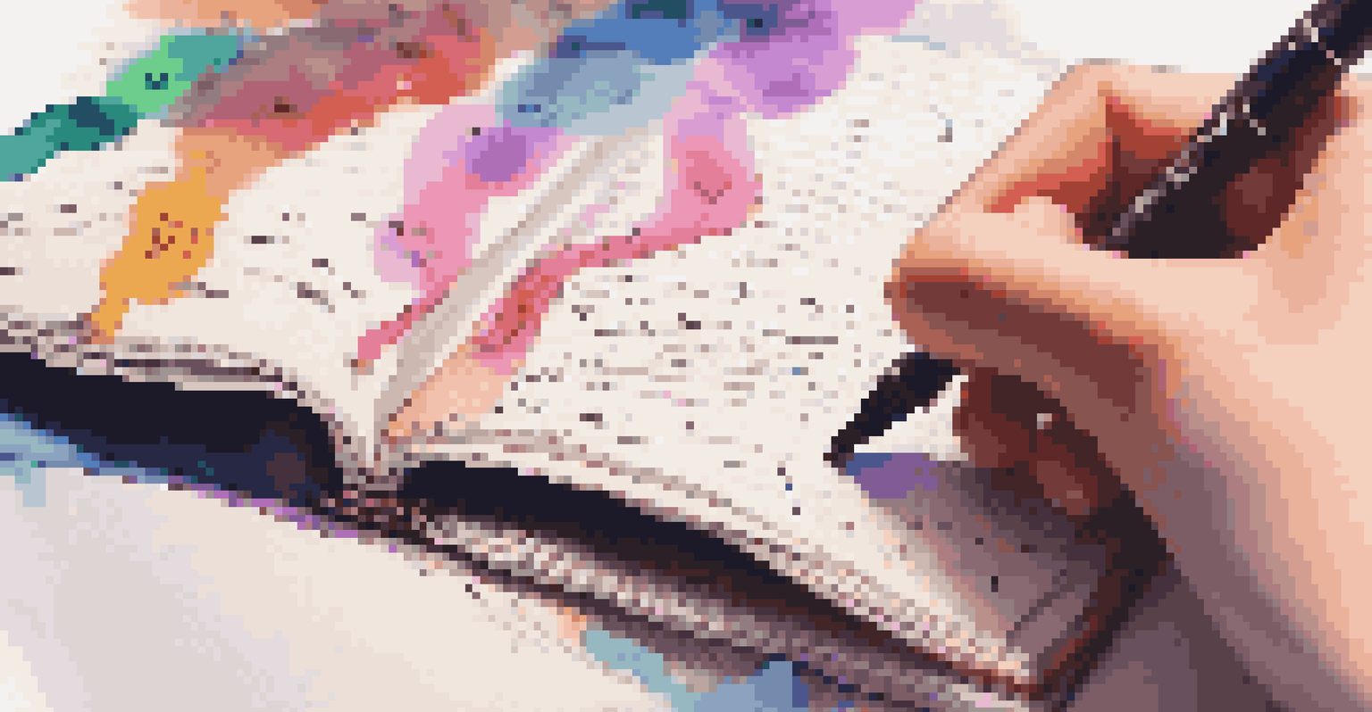 A close-up of a hand writing in a journal, surrounded by colorful pens and soft blurred lights in the background.