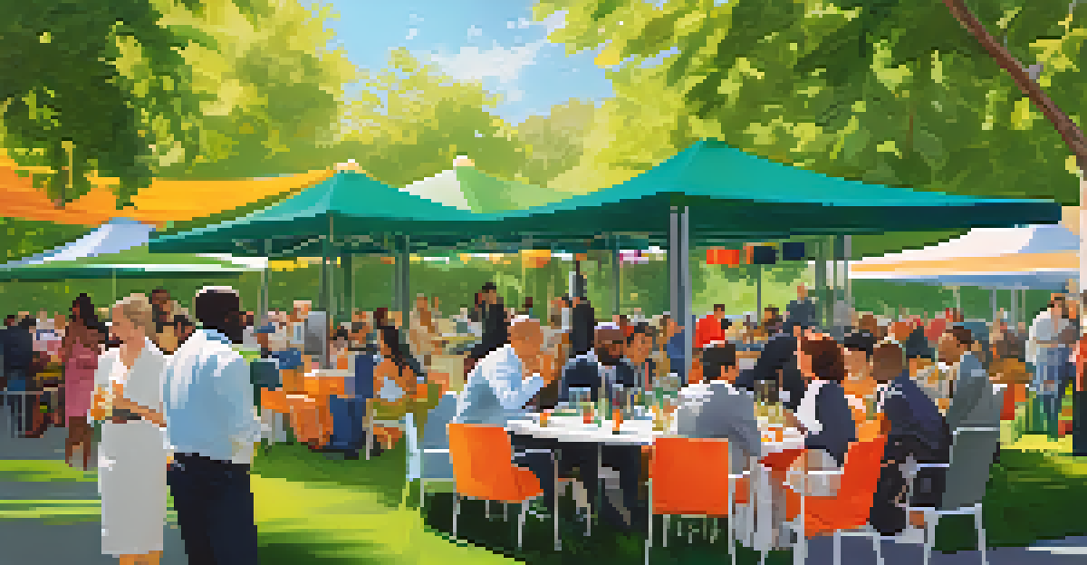 A vibrant outdoor networking event in a park with professionals socializing under colorful canopies.