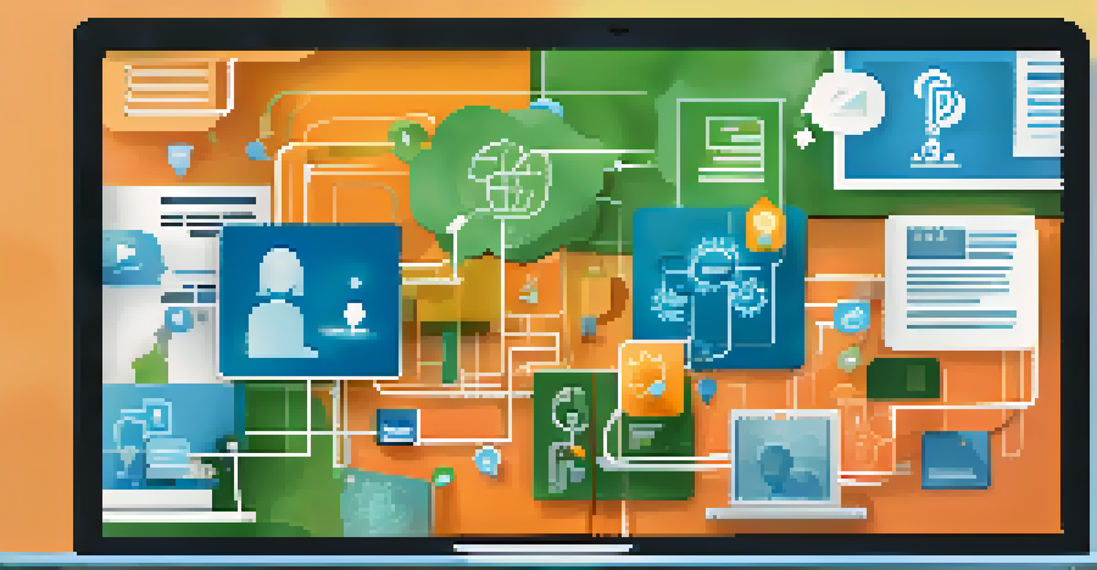 A computer screen displaying online learning platforms, surrounded by icons representing networking and collaboration.