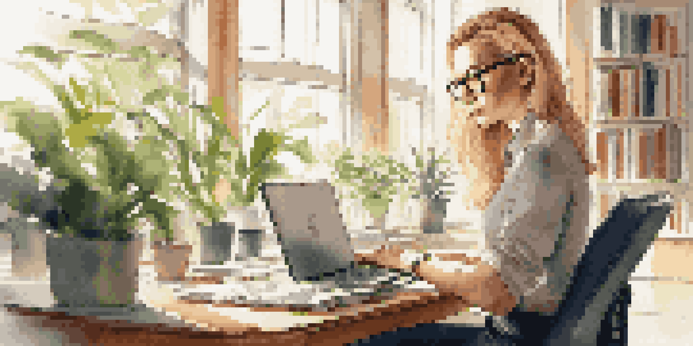A professional woman engaged in an online learning course at a modern desk, with sunlight streaming through windows and plants in the background.
