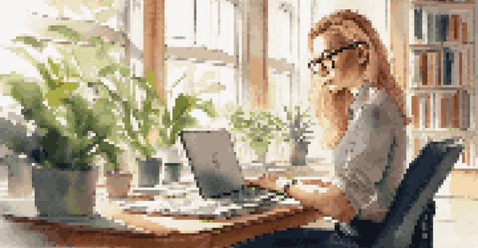 A professional woman engaged in an online learning course at a modern desk, with sunlight streaming through windows and plants in the background.