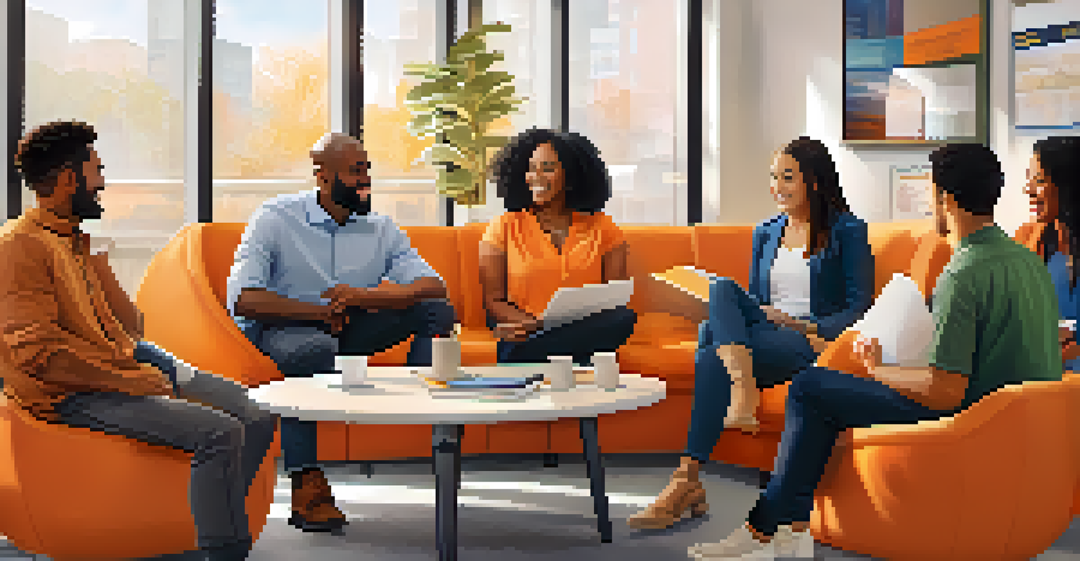 A diverse group of coworkers in a modern office, engaged in a supportive discussion, showcasing teamwork and understanding.