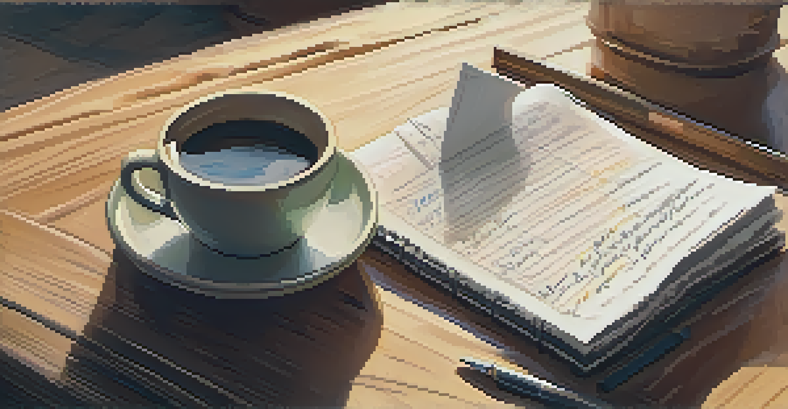 A notepad with handwritten feedback notes next to a cup of coffee on a wooden desk, illuminated by natural light.