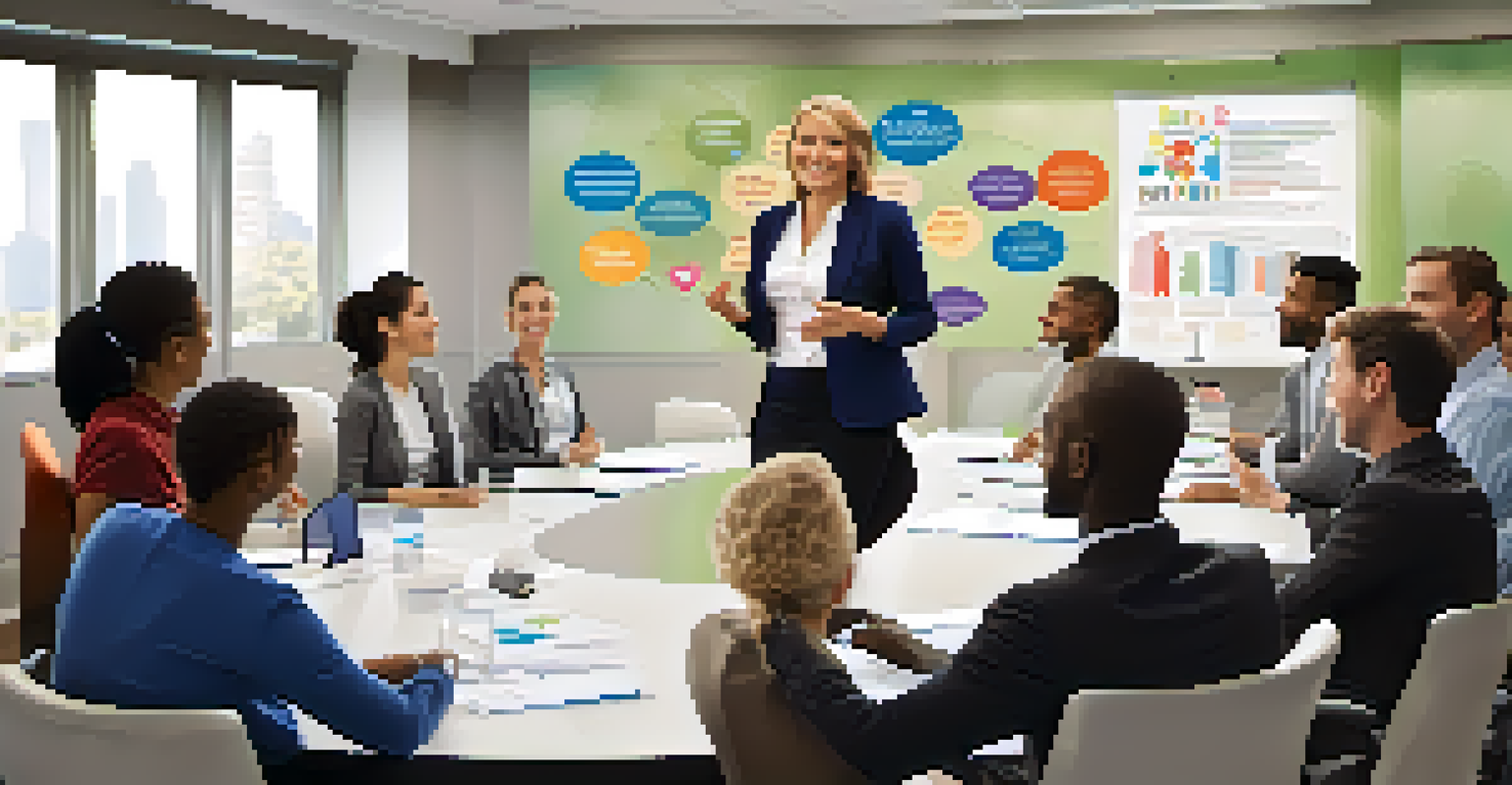 A female leader facilitating a meeting in a well-decorated room with team members at a round table, displaying an engaging leadership style.