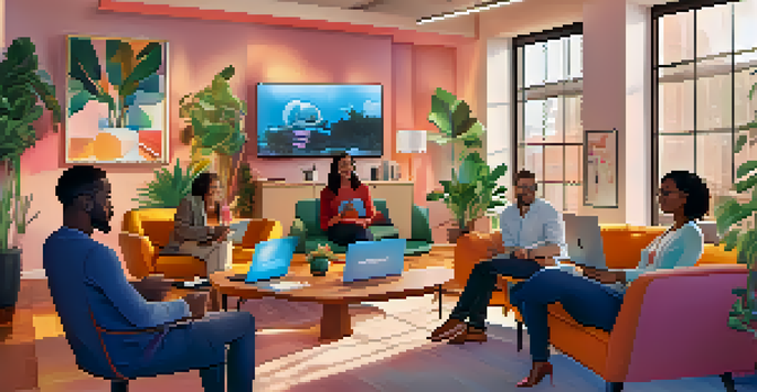 A diverse group of professionals participating in a virtual networking event from their home offices, with laptops and warm lighting.