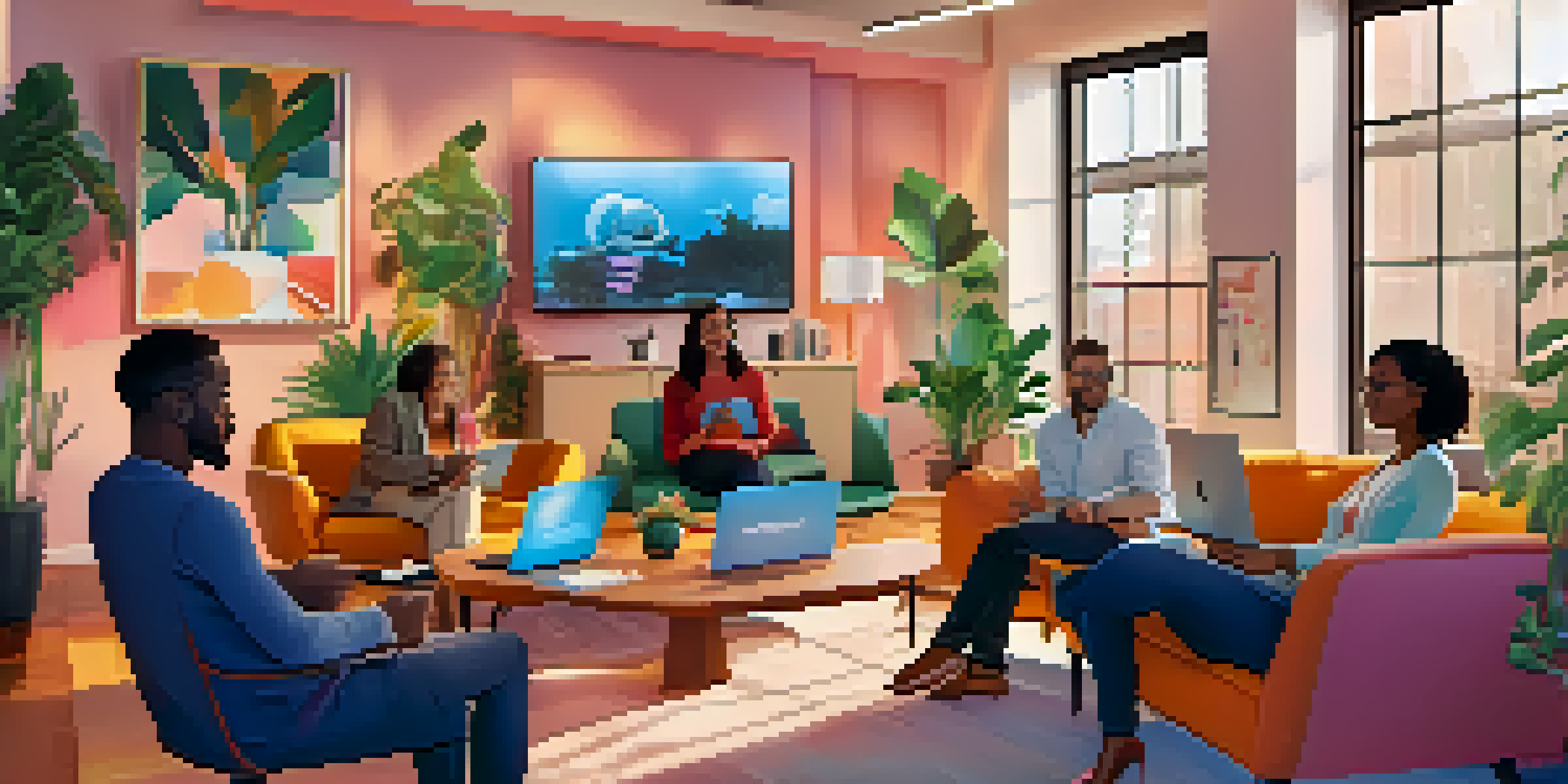 A diverse group of professionals participating in a virtual networking event from their home offices, with laptops and warm lighting.