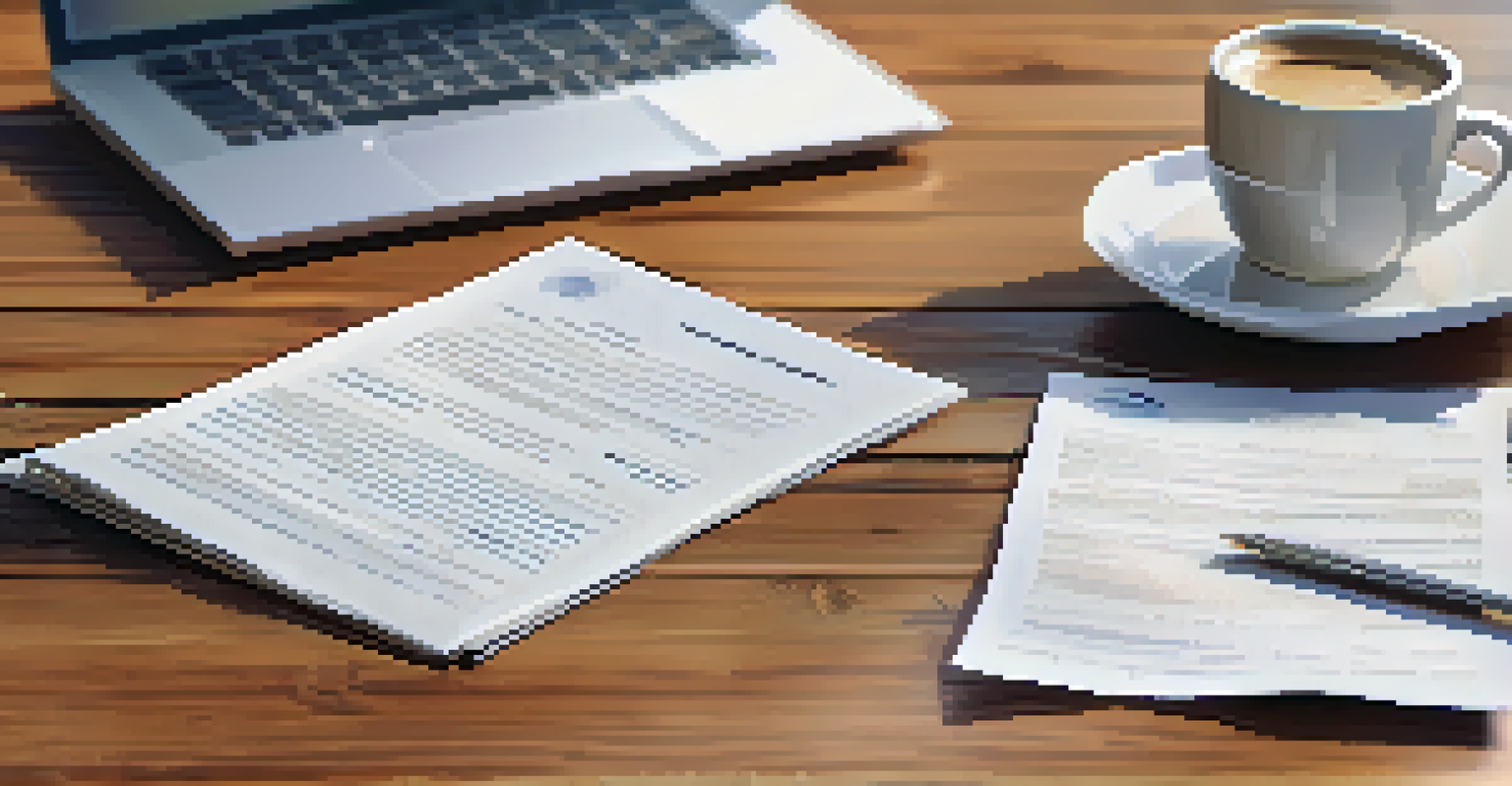 A close-up of a resume and cover letter on a wooden desk, with a cup of coffee and a laptop in the background.