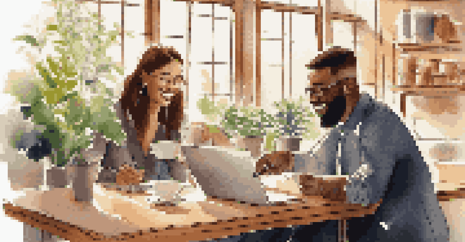 A mentor guiding a new employee through onboarding in a cozy coffee shop, with laptops, notes, and warm beverages on the table.