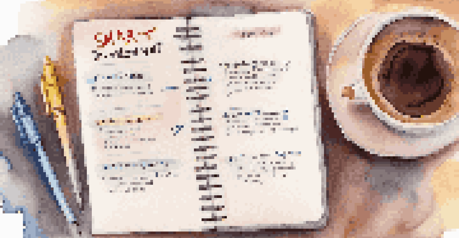 A close-up of a notebook with handwritten leadership goals, colorful pens, and a cup of coffee in a cozy workspace.