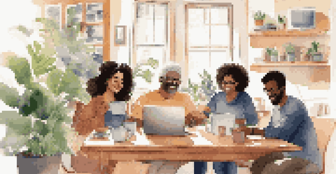 A diverse group of remote team members enjoying a virtual coffee break, sitting around a table with laptops and coffee mugs in a bright home office.
