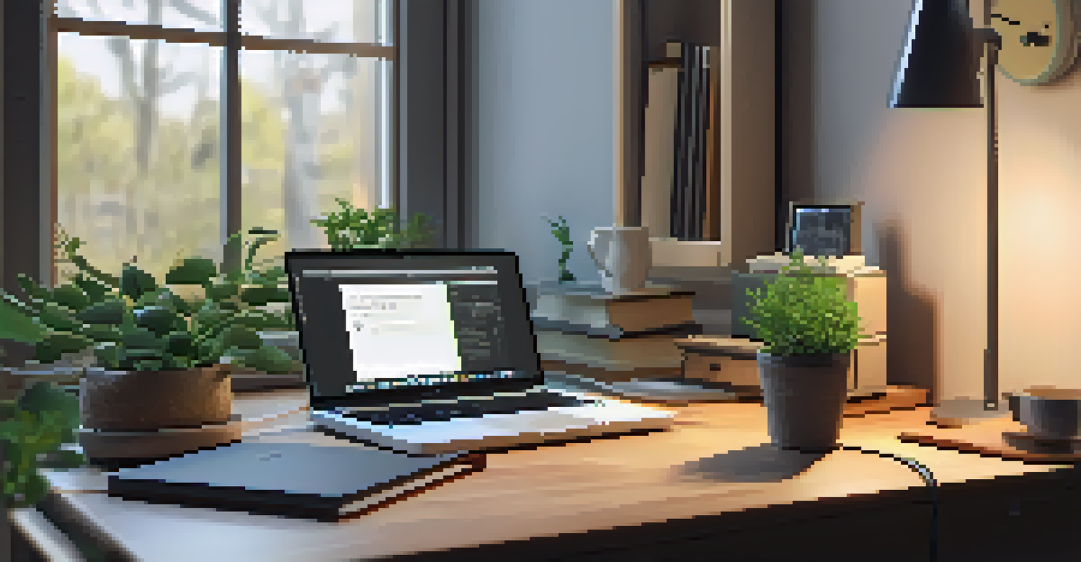 A warm and inviting home workspace featuring a desk with a journal and tea, indicating the end of the workday.