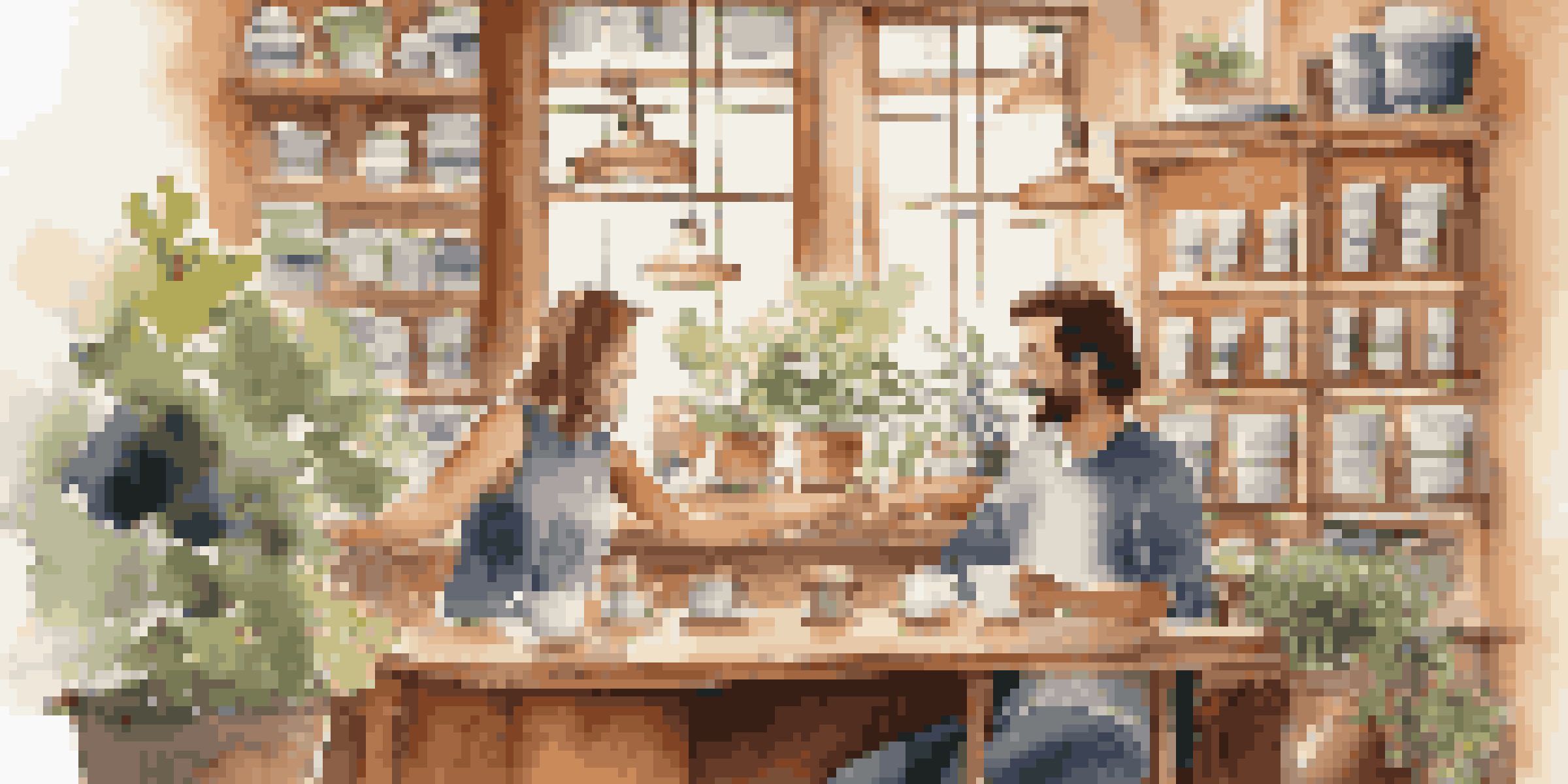 Two people having a lively conversation over coffee in a cozy coffee shop with warm lighting and wooden furniture.