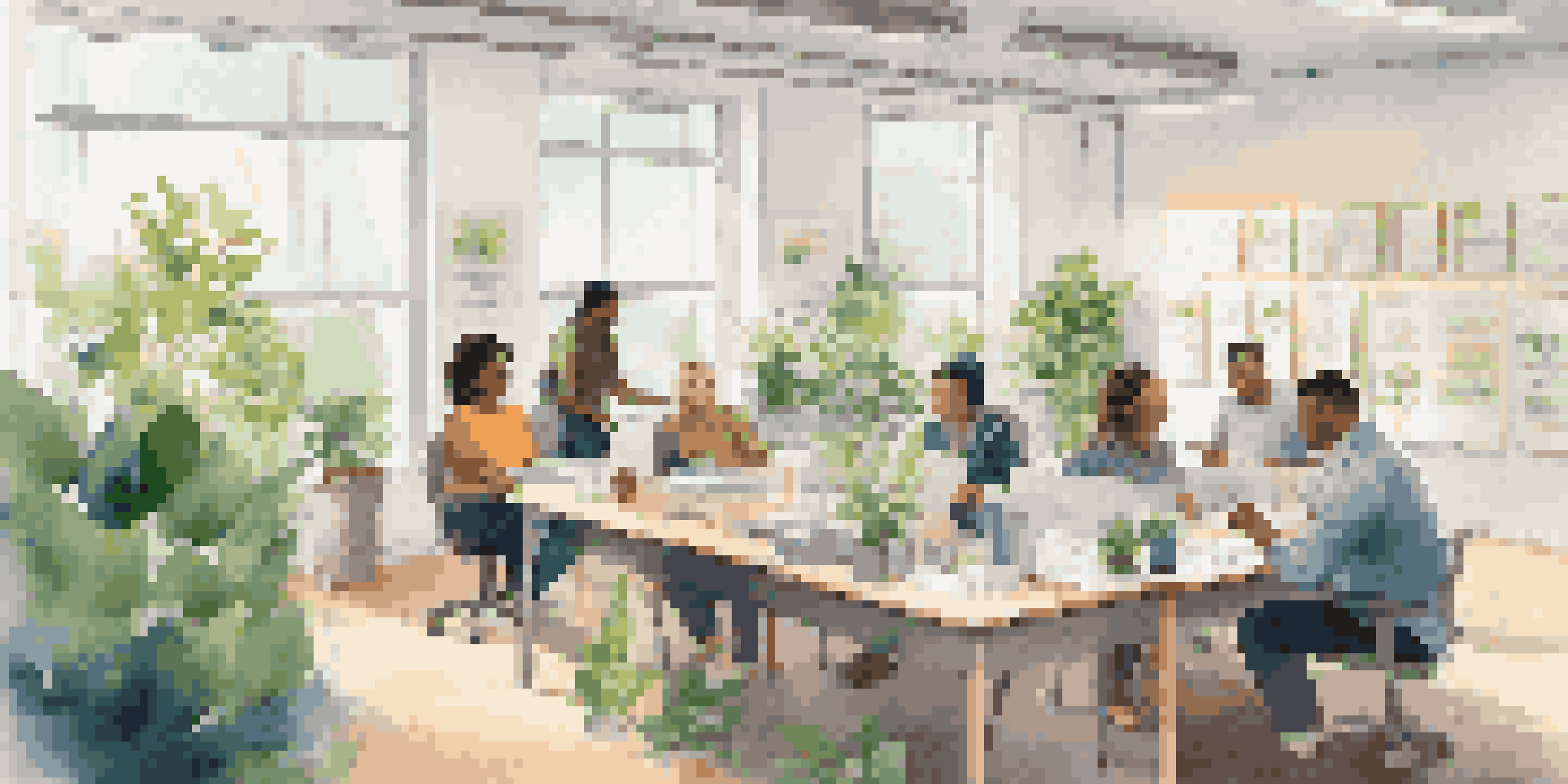 A diverse group of employees participating in a resilience training workshop in a bright office filled with plants and motivational posters.