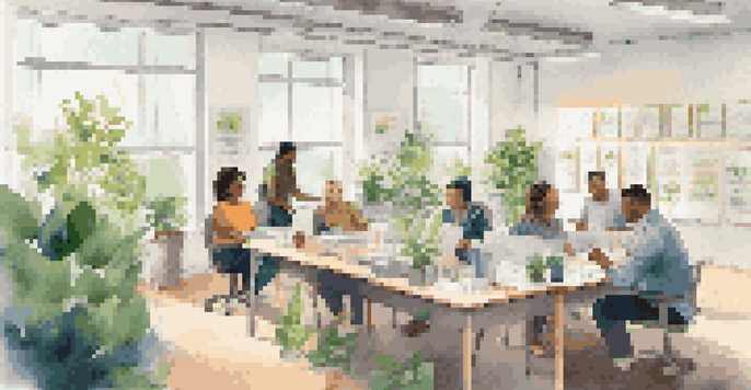 A diverse group of employees participating in a resilience training workshop in a bright office filled with plants and motivational posters.