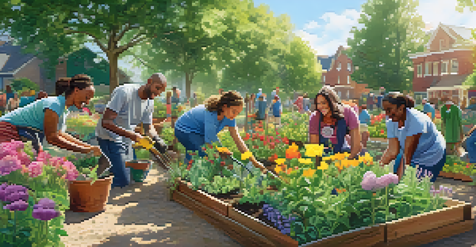A diverse group of volunteers working together in a community garden, planting flowers and smiling, surrounded by greenery.