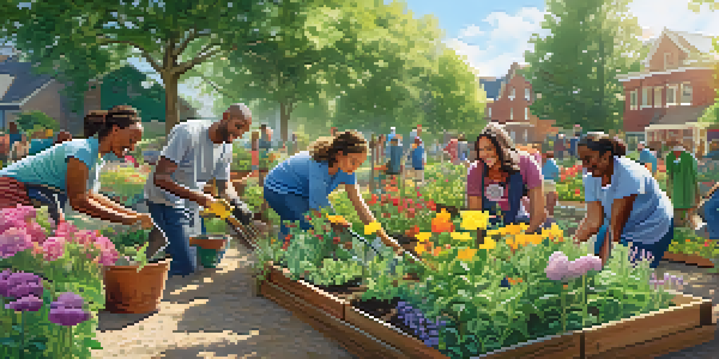 A diverse group of volunteers working together in a community garden, planting flowers and smiling, surrounded by greenery.
