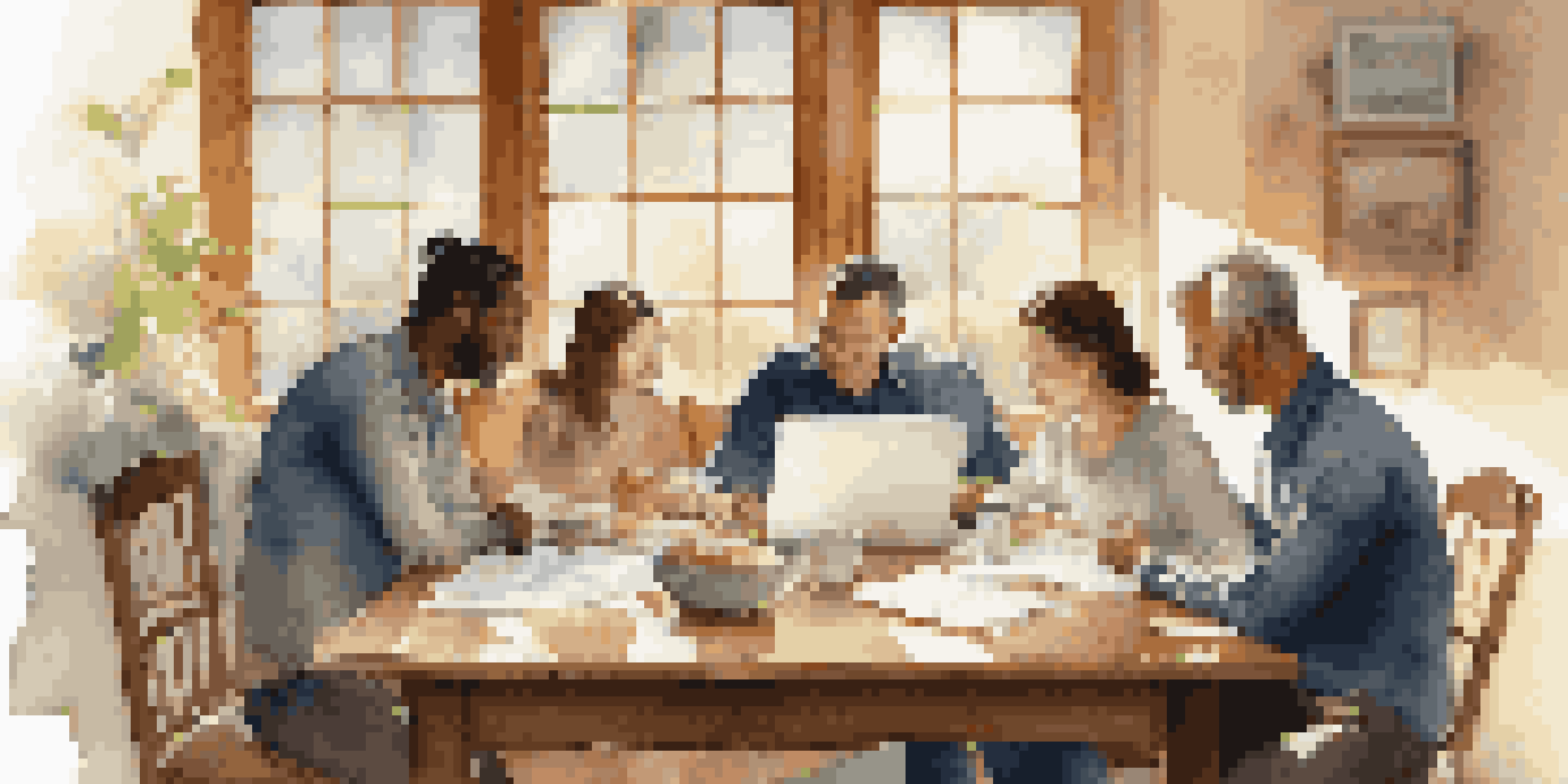 A family sitting at a wooden dining table, discussing their insurance policies with paperwork and a laptop around them.