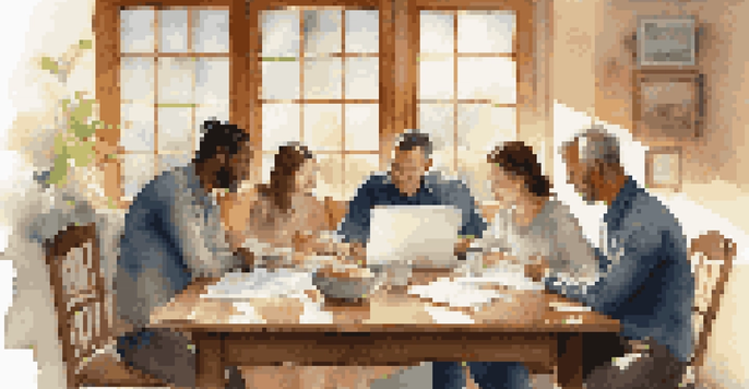 A family sitting at a wooden dining table, discussing their insurance policies with paperwork and a laptop around them.