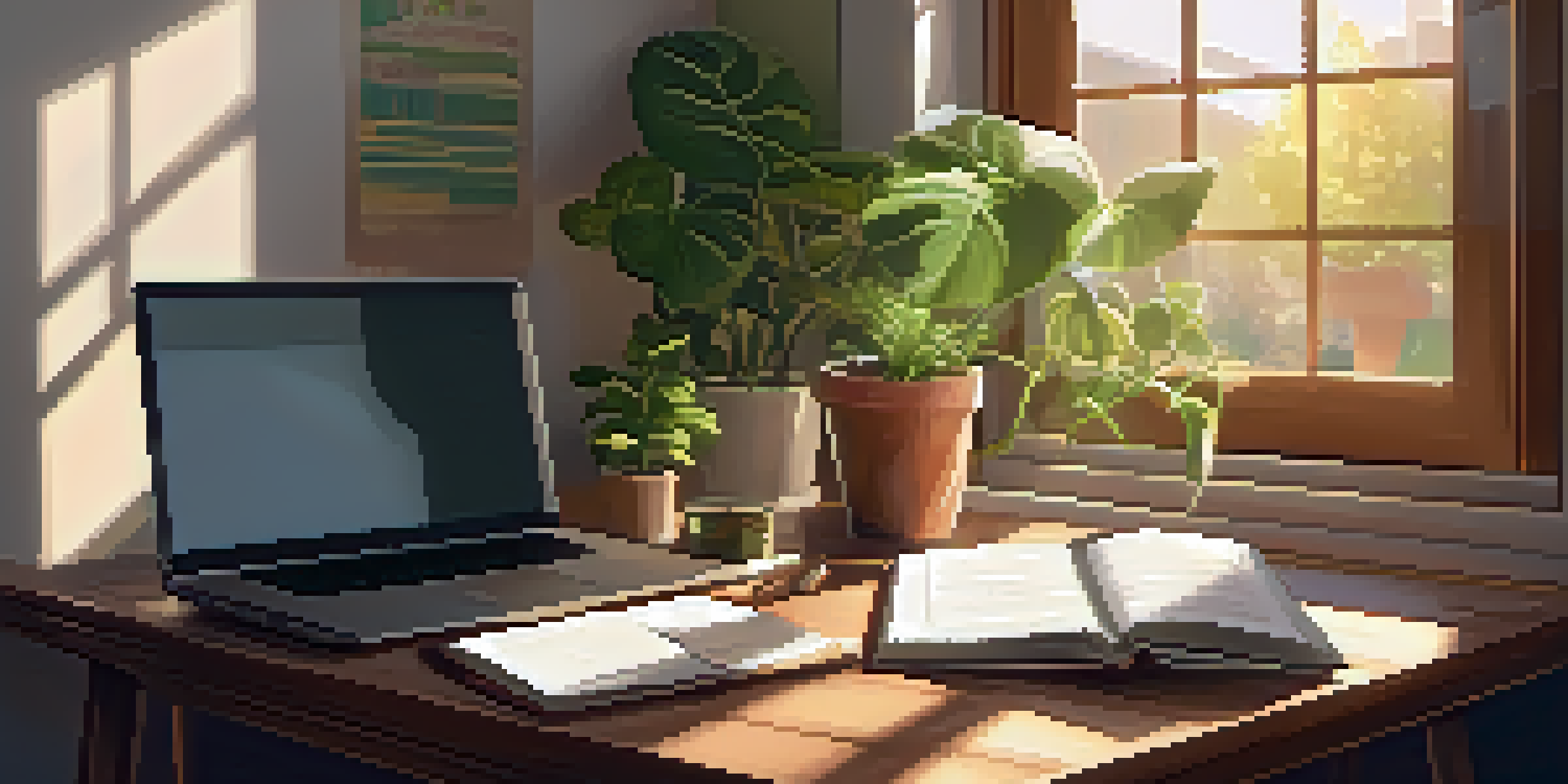 A calming workspace with a wooden desk, an open laptop, a coffee cup, and a notebook, illuminated by sunlight.