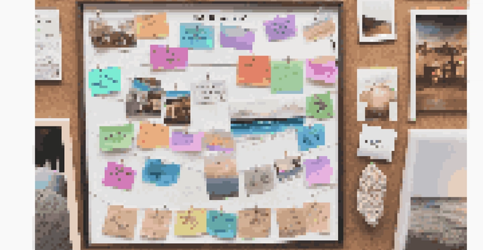 A vision board with financial goals and motivational quotes pinned on a corkboard.