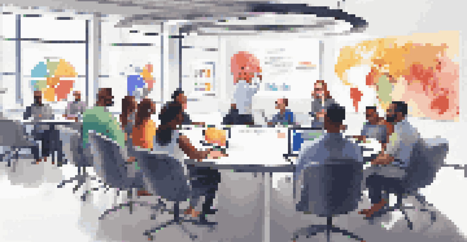 A diverse team of employees brainstorming around a round table with laptops and a large screen displaying colorful graphics.