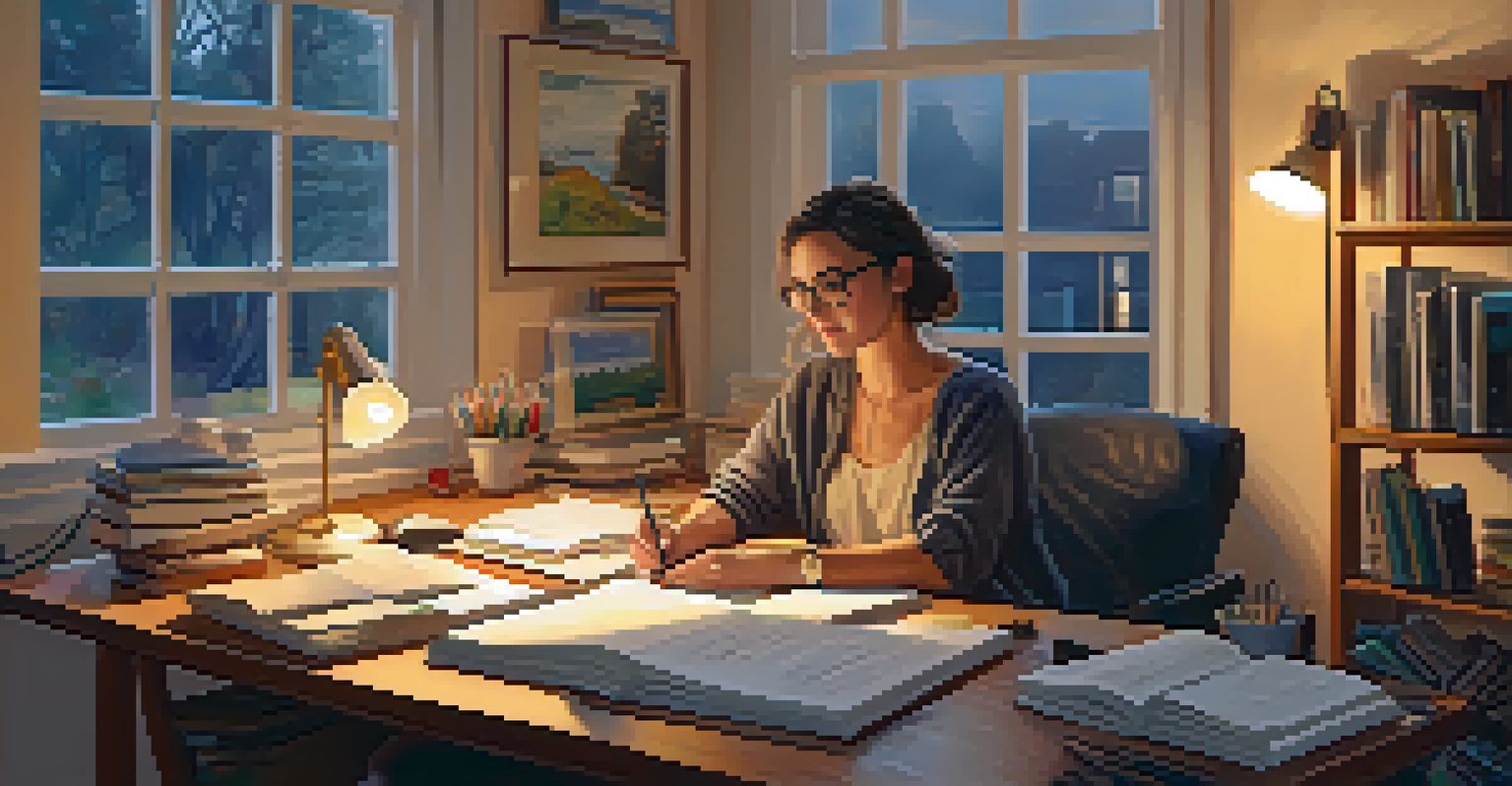 A freelancer in a cozy home office, surrounded by books and art supplies, working on a computer with a warm desk lamp and a view of a peaceful garden outside.