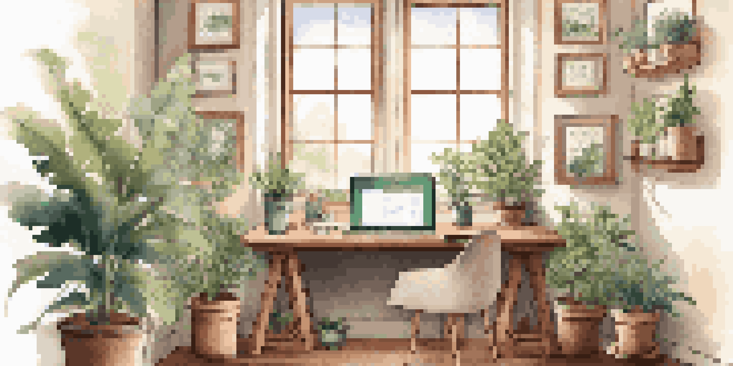 A cozy office workspace with a wooden desk, laptop, plants, and motivational quotes, illuminated by soft natural light.