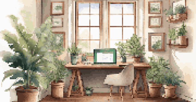A cozy office workspace with a wooden desk, laptop, plants, and motivational quotes, illuminated by soft natural light.