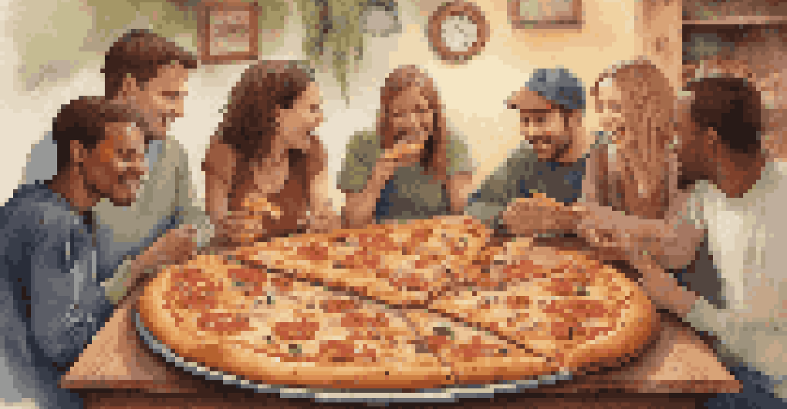 Friends sharing a pizza, each choosing their favorite toppings, highlighting the theme of compromise in a cheerful setting.