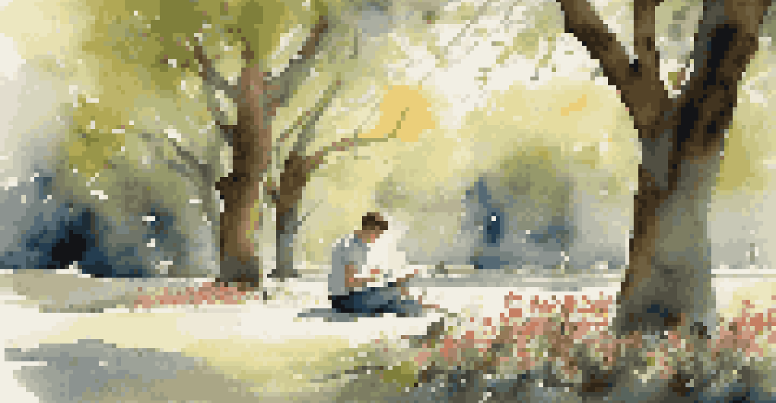 A person writing in a journal on a blanket in a park, surrounded by flowers and dappled sunlight.