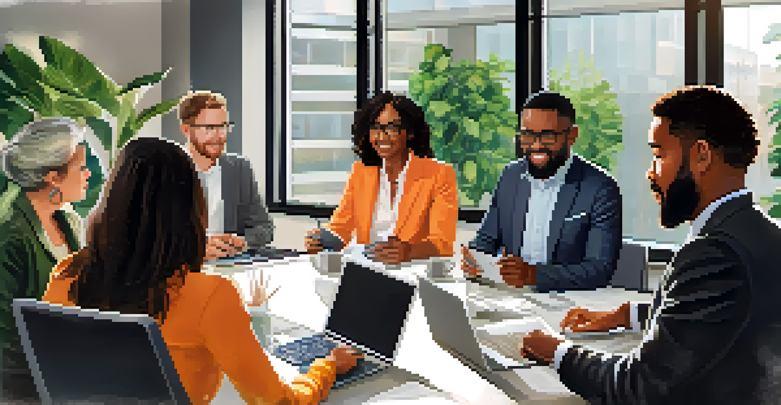 A diverse group of professionals networking and discussing ideas at a modern office table.
