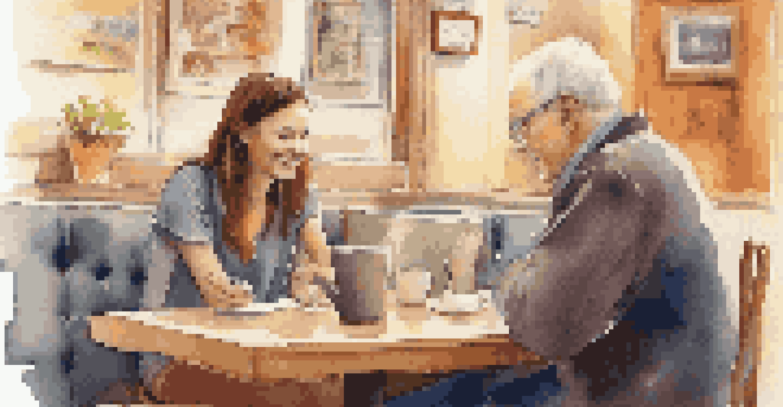 A young woman engaged in a conversation with an older man in a coffee shop, sharing mentorship insights.