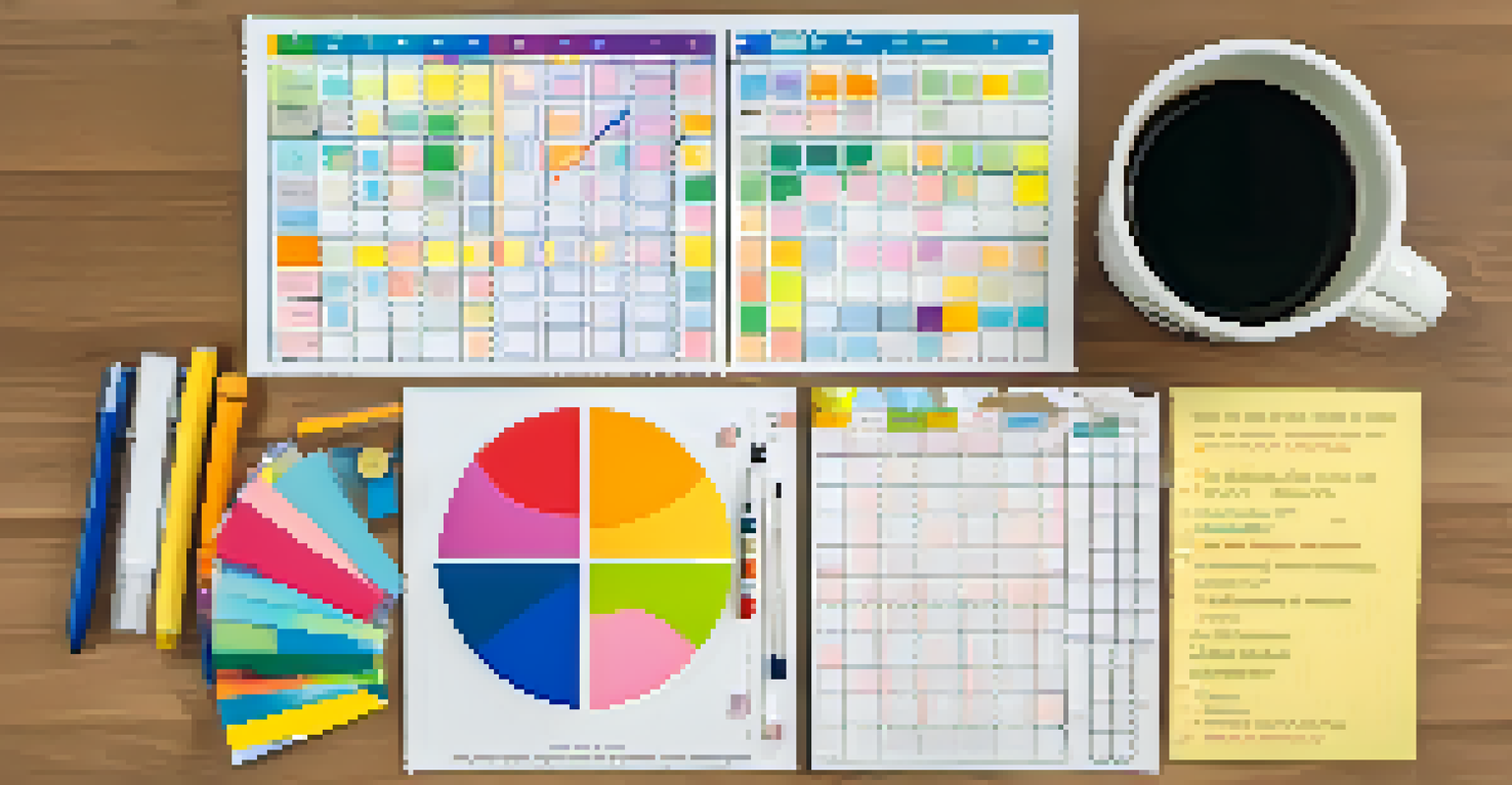 An overhead view of a colorful Eisenhower Matrix chart surrounded by stationery, showcasing task priorities.