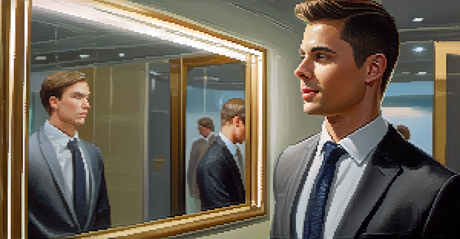 A close-up of a person practicing their elevator pitch in front of a mirror, showing confidence and focus.