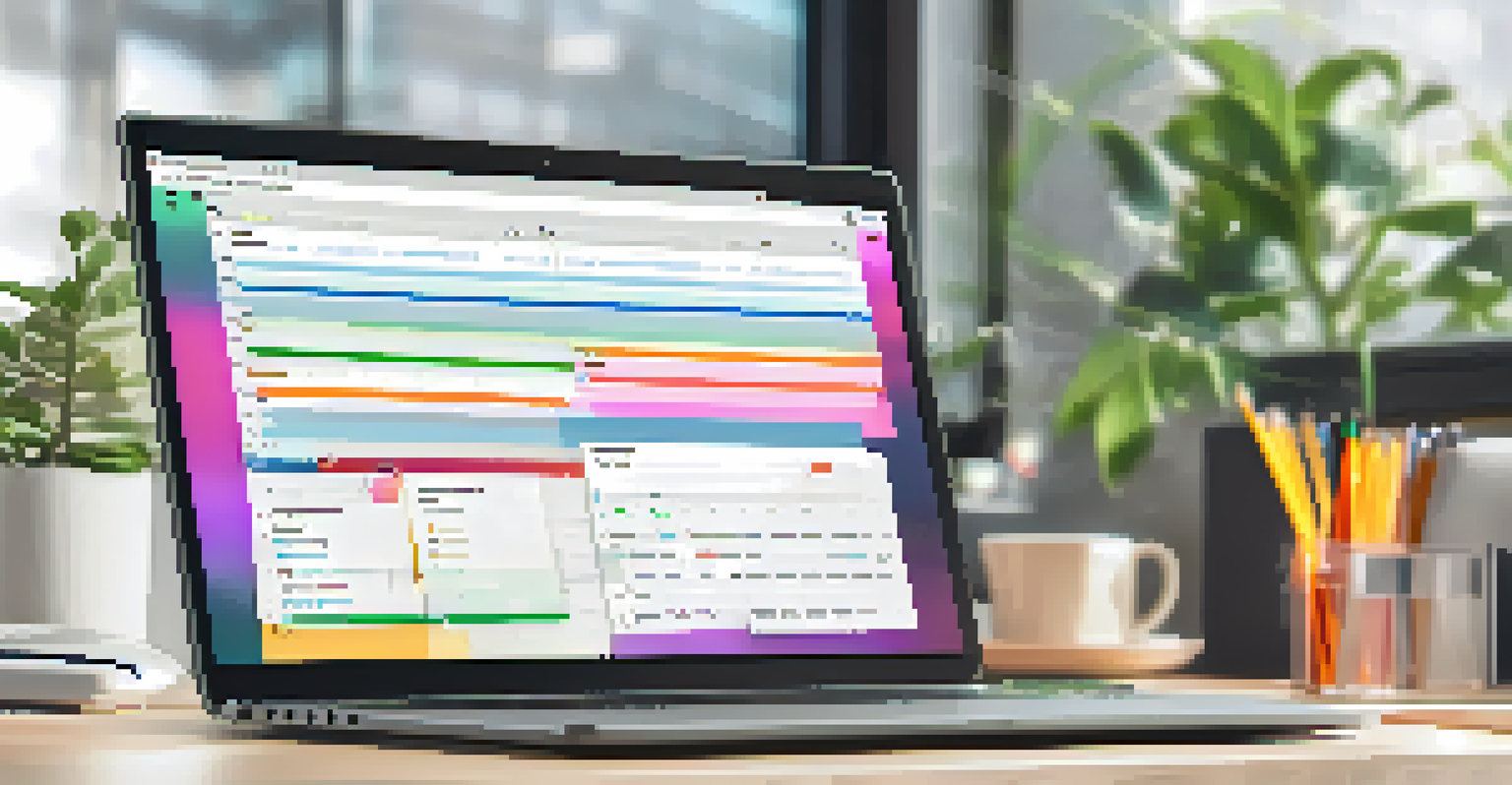 A close-up of a digital project management board on a laptop screen in a bright workspace.