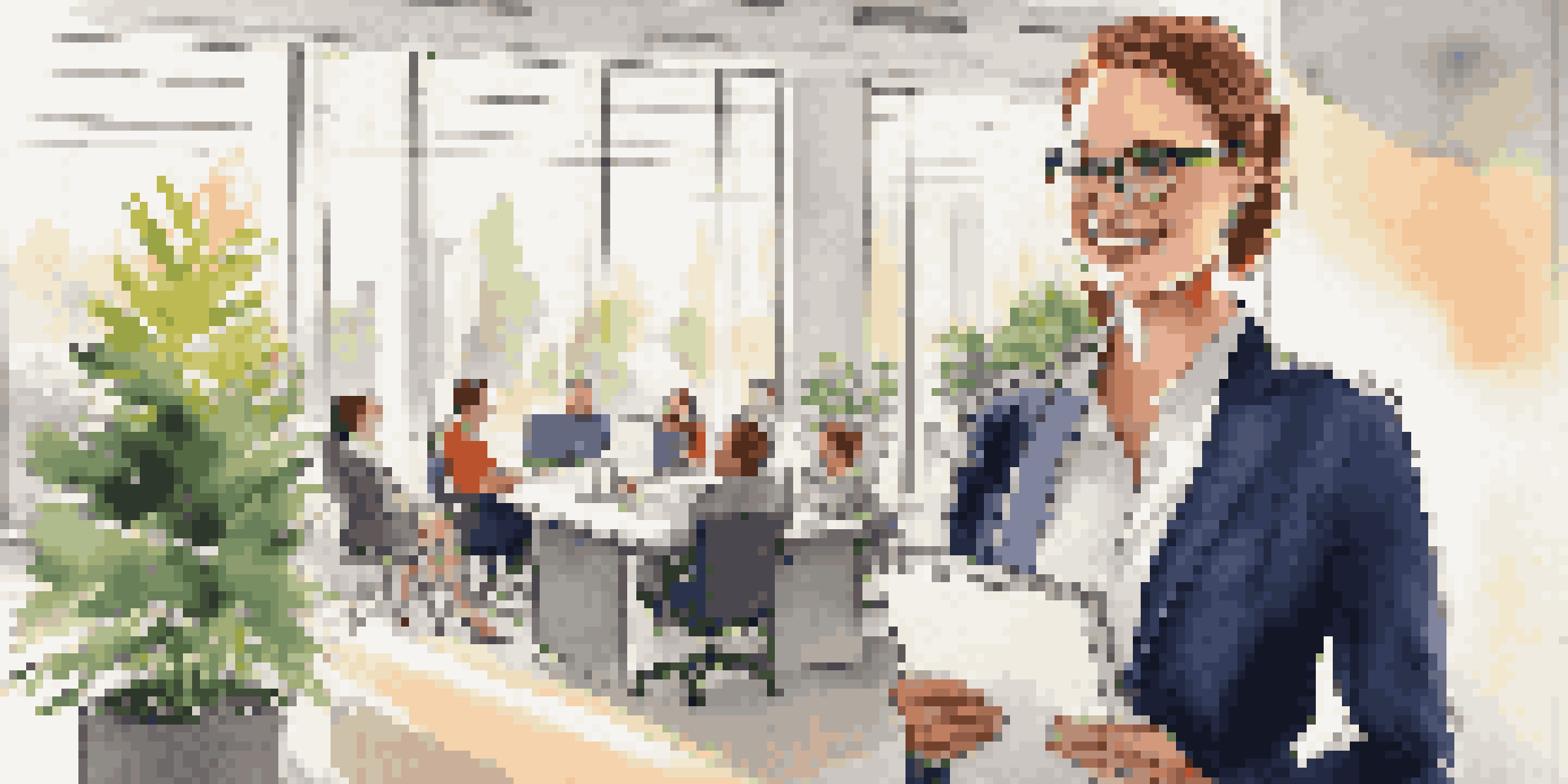 A young professional in an office holding a presentation folder, smiling confidently, with colleagues in the background.