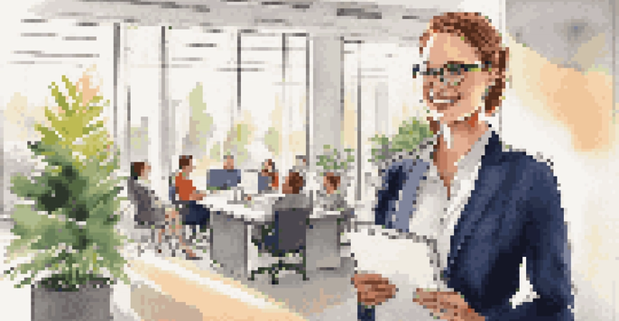 A young professional in an office holding a presentation folder, smiling confidently, with colleagues in the background.