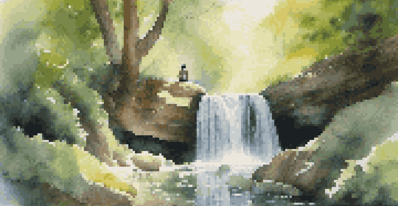 A person meditating near a soothing waterfall, surrounded by nature, promoting tranquility.