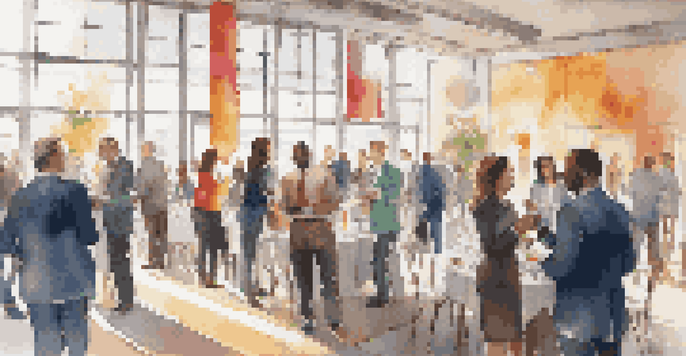 A person confidently networking at an event, surrounded by diverse individuals and bright, natural light.